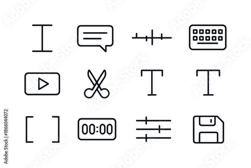 Caption Editing Icons. Caption editing. Line icon set of caption editing: text cursor, subtitle block, timeline markers, keyboard icon, play preview, cut tool,