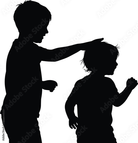 Playful children silhouettes, kids interaction scene, brother and sister outline, childhood activity concept, family bonding moment, black shadow figures, innocence lifestyle illustration