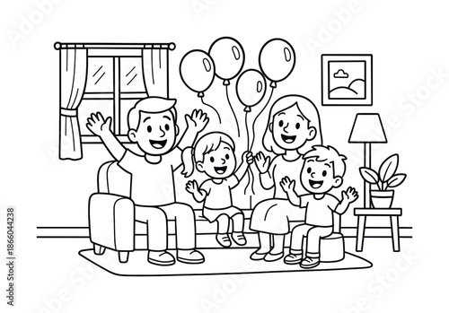 Happy Family Coloring. Celebrating a finished room children?s coloring book illustration, outlined drawing, cartoon family sitting happily in a newly arranged