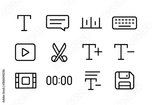 Caption Editing Icons. Caption editing. Line icon set of caption editing: text cursor, subtitle block, timeline markers, keyboard icon, play preview, cut tool,