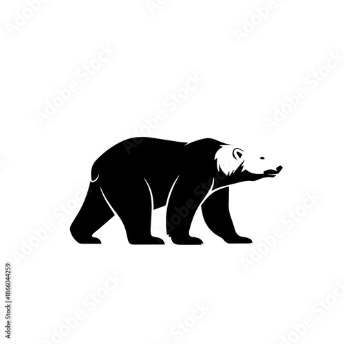A stylized black silhouette of a bear walking, depicted with a white outline on its face and ear.