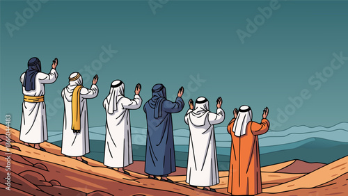 Group of men in traditional Arabic clothing praying on a hill against a muted sky, vector illustration of Islamic devotion