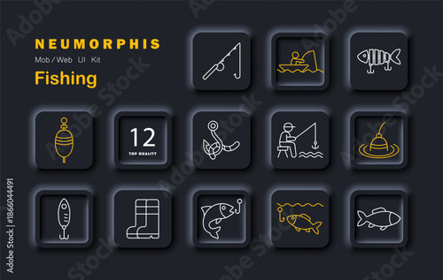 Fishing set icon. Shows rod, hook, lure, bobber, boots, fisherman, boat, fish, waves, bucket, catch, number badge