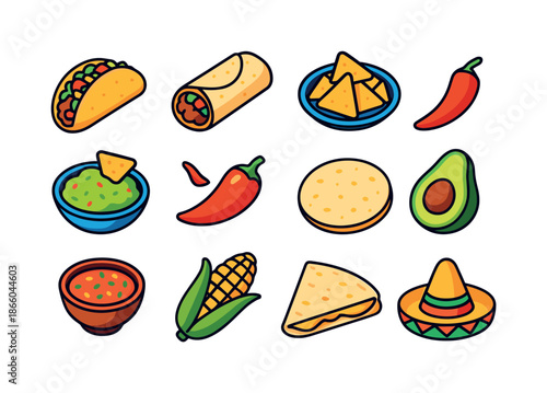 Isometric Mexican Food Icons. Mexican food. Colorful isometric vector icons set of Mexican food: tacos, burrito, nachos, guacamole bowl, chili