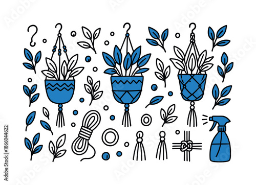 Colorful Macrame Plant Holders. Macrame Plant Holders. Hand-drawn doodle illustration Macrame Plant Holders plant pot (accented), hanging cords (accented),