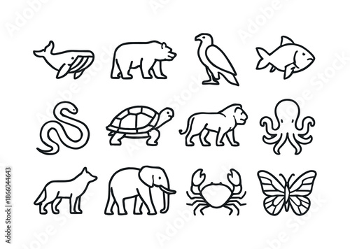 Massive Creatures Icons. Massive creatures. Line icon set of massive creatures: giant whale, huge bear, massive eagle, giant fish, oversized turtle, large