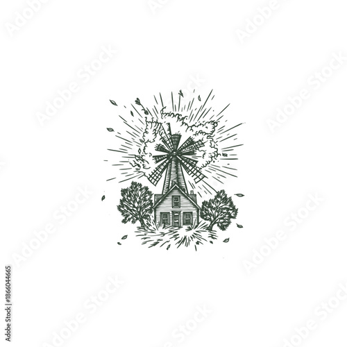 Vintage engraving of a rural farm house and windmill being struck by a powerful tornado storm.