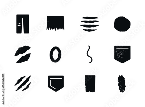Distressed Denim Icons. Distressed denim elements. Solid icon set of distressed denim elements: torn knee, frayed hem, shredded cut, rough patch, fabric rip,