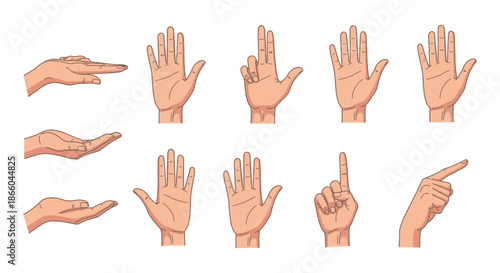 Pixel art illustration displaying various human hand gestures and poses