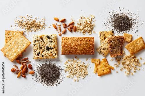Assorted healthy snacks including crackers, granola bars, nuts, seeds, and oats arranged artistically on a white background, showcasing a vibrant and nutritious food concept