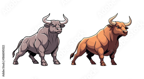 Illustration of two cartoon bulls facing right with different colors.