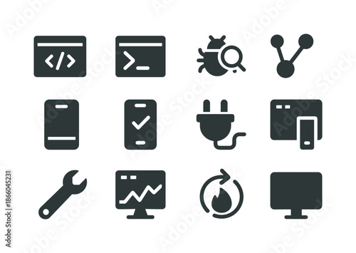 Development Tools Icons. Development tools. Solid icon set of development tools: code editor, terminal, debugger, version control, simulator, testing device,