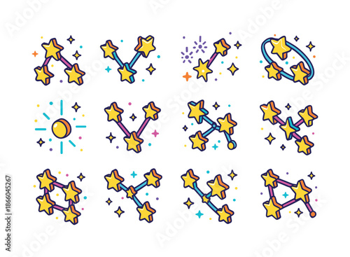 Sparkling Constellation Icons. Sparkling constellation. Colorful isometric vector icons set of sparkling constellation: linked stars, tri-star chain, glowing