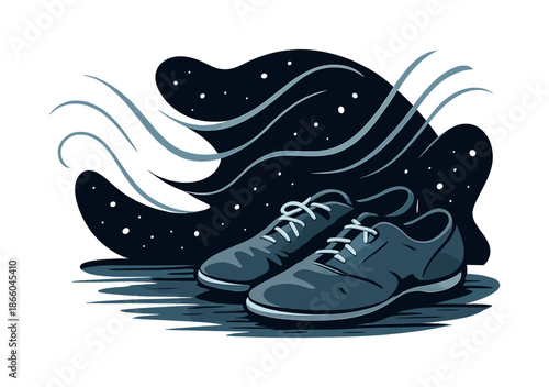 Dance Warm-Up Floor. Dance warm-up. Soft-soled practice shoes sit on a worn wooden floor, dust particles floating like tiny lights. Flowing lines evoke motion