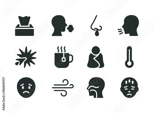 Cold Symptoms Icons. General cold indicators. Solid icon set of General cold indicators: tissue box, cough cloud, runny nose, congestion, sneeze burst, tea
