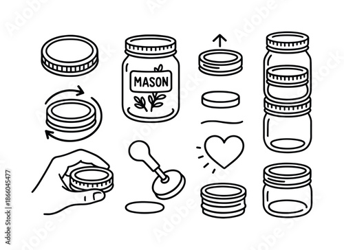 Mason Jar Doodle. Mason jar lid. Hand-drawn doodle illustration Mason jar lid closed lid, labeled jar, food storage lid, twist motion, round jar mouth, jar