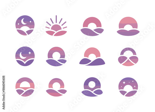 Twilight Logo Variations. Twilight. Icon set. Set Logo of Twilight: nightfall gradient. harmonious logo variations of the same emblematic concept, each with