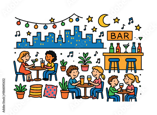 Rooftop Bar Doodle. Highrise Bar Scene. Colorful Hand-drawn doodle Children illustration rooftop lights, skyline, drinks, glasses, tables, chairs, plants,
