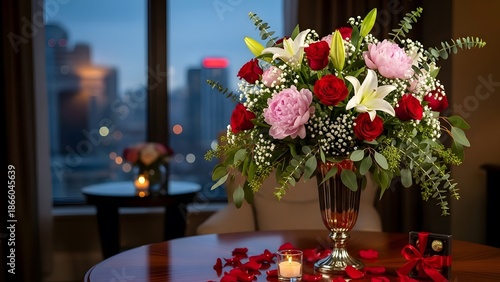 Romantic valentine's day bouquet with red roses and pink flowers