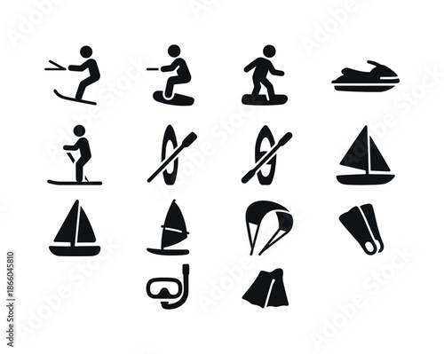 Water Sports Icons. Water sports. Solid icon set of Water sports: waterski, kneeboard, wakeskate, jet ski, paddleboard, kayak, canoe, sailboat, windsurf board,