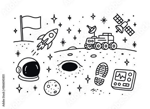 Lunar Exploration Doodle. Lunar exploration. Hand-drawn doodle illustration lunar exploration moon surface, flag, rover, astronaut helmet, stars, crater,