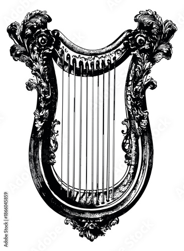 Hand drawn vintage illustration of a harp depicting ornate baroque ornamentation for classical music designs