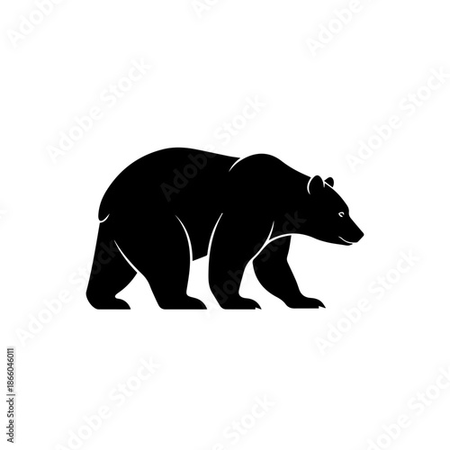 A black silhouette of a bear walking, depicted in a simple graphic style.
