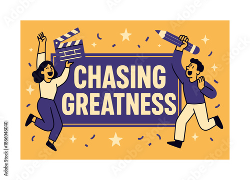 Chasing Greatness Banner. Chasing greatness banner, flat vector illustration, bold oversized text inside rectangular frame, cartoon characters jumping and