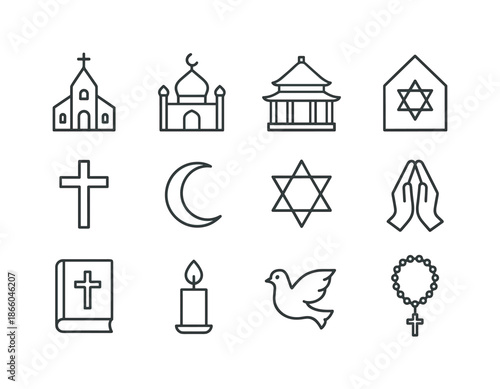 Religion Icon Set. Religion. Line icon set of Religion: church, mosque, temple, synagogue, cross, crescent moon, star of David, prayer hands, holy book,