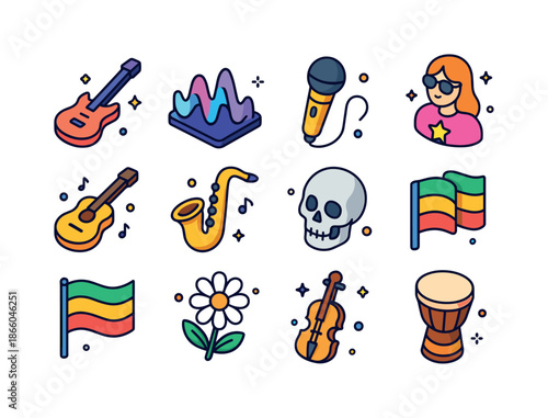 Colorful Music Icons. Music Genres. Colorful isometric vector icons set of Music Genres: rock guitar, EDM wave, hip-hop mic, pop star icon, folk guitar, jazz