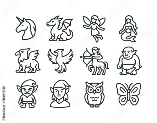 Magical Creature Icons. Magical creatures. Line icon set of Magical creatures: unicorn, dragon, fairy, mermaid, griffin, phoenix, centaur, troll, goblin, elf,