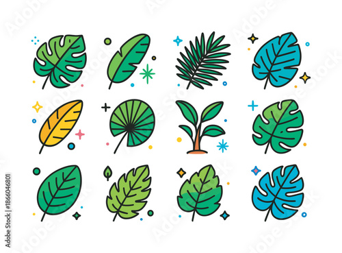 Colorful Tropical Leaf Icons. Tropical Leaves. Colorful isometric vector icons set of Tropical Leaves: monstera leaf, banana leaf, palm frond, philodendron