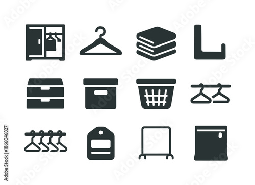 Closet Reorganization Icons. Closet reorganization. Solid icon set of closet reorganization: closet icon, hangers, folded stack, shelf divider, drawer, storage
