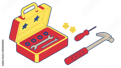 Colorful toolbox with tools and stars on white background
