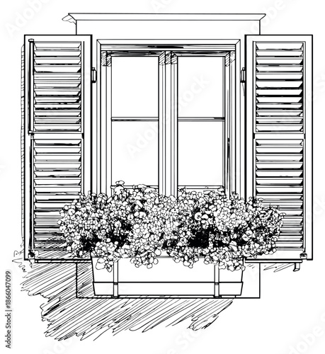 Hand drawn line art illustration of a window depicting open shutters and a flower box for architectural and home decor projects