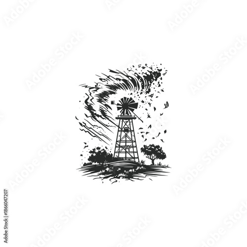 Vintage style illustration of a farm windmill being hit by a powerful tornado or wind storm.