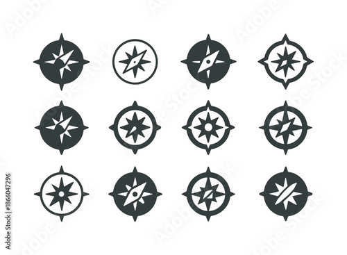 Terra Nova Emblem Set. Terra Nova. Icon set. Set Logo of Terra Nova: exploration compass. harmonious logo variations of the same emblematic concept, each with