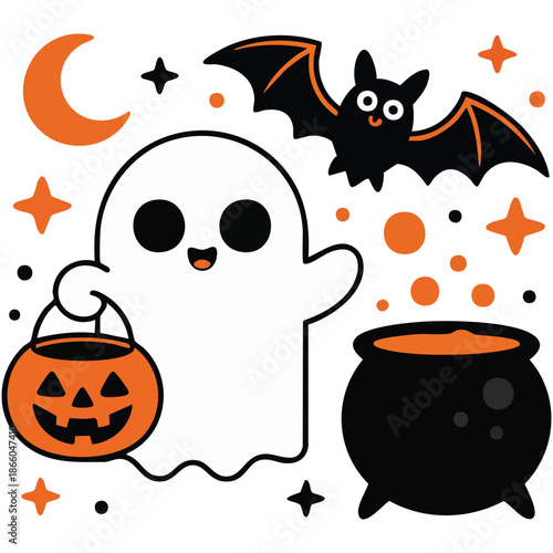 spooky halloween graphic showcasing ghost bat crescent moon and bubbling cauldron festive design vector illustration