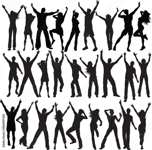 Vector illustration of a group of active dancing girls and people silhouettes in fun party poses, featuring black female figures jumping in ballet, fitness, and disco action