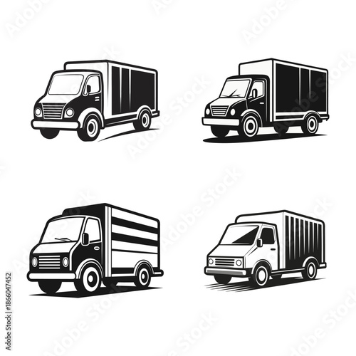 Collection of Flat Monochrome Delivery Truck Illustrations