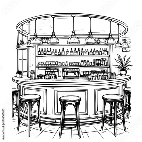 A cozy cafe with tables and a bar, a black and white sketch. Vector illustration. Outdoor cafe bar, coffee machine and chairs, coffee cup and lamps, isolated on a white background