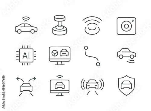 Autonomous Vehicle Icons. Autonomous Vehicles. Line icon set of Autonomous Vehicles: autonomous car, lidar sensor, radar waves, camera module, AI chip, control