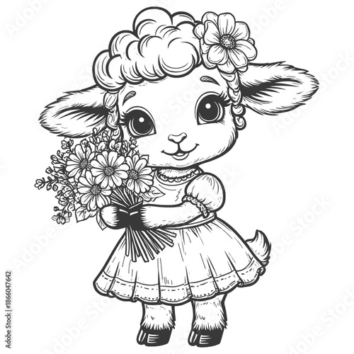 Funny sheep with big eyes is sitting, black and white sketch. Vector illustration. Cute pet, isolated on a white background68
