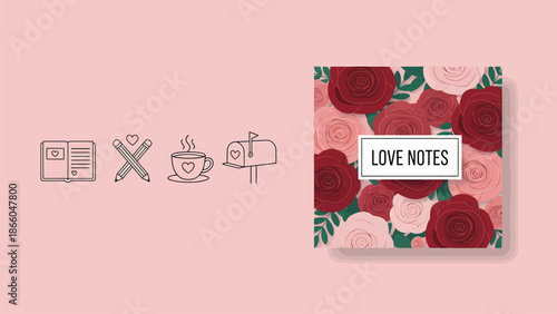 Romantic floral love notes journal with heart icons and stationery