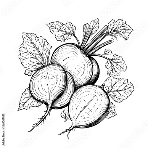 Sliced ​​beets with tops leaves, black and white sketch. Vector illustration. Fresh farm vegetables isolated on white background09