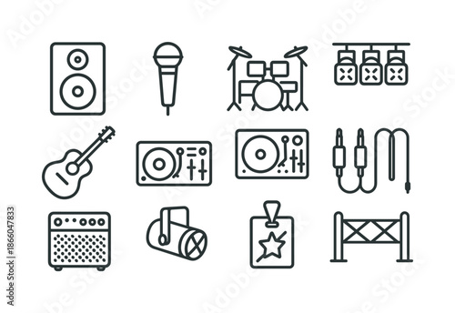 Festival Equipment Icons. Festival Equipment. Line icon set of Festival Equipment: large speaker, microphone, drum set, guitar, stage lights, DJ turntable,
