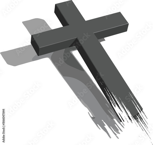 Angled 3D dark gray Christian cross vector with long shadow and dissolving ash effect base for religious designs.