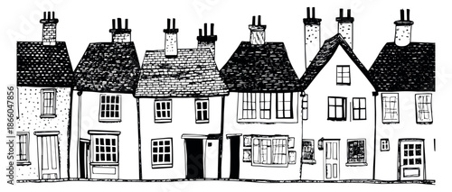 Hand drawn line art neighborhood set featuring a charming row of houses and shops for design and illustration projects