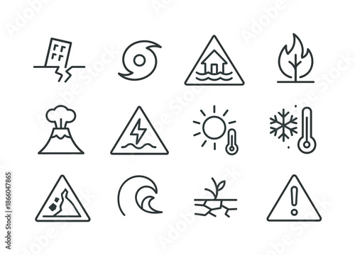 Global Hazard Symbols. Global hazard symbols. Line icon set of global hazard symbols: earthquake symbol, hurricane icon, flood marker, wildfire icon, volcanic