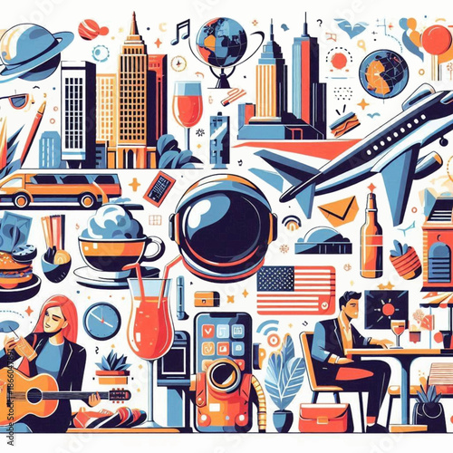 Collagestyle illustration features diverse imagery in vibrant contrasting colors